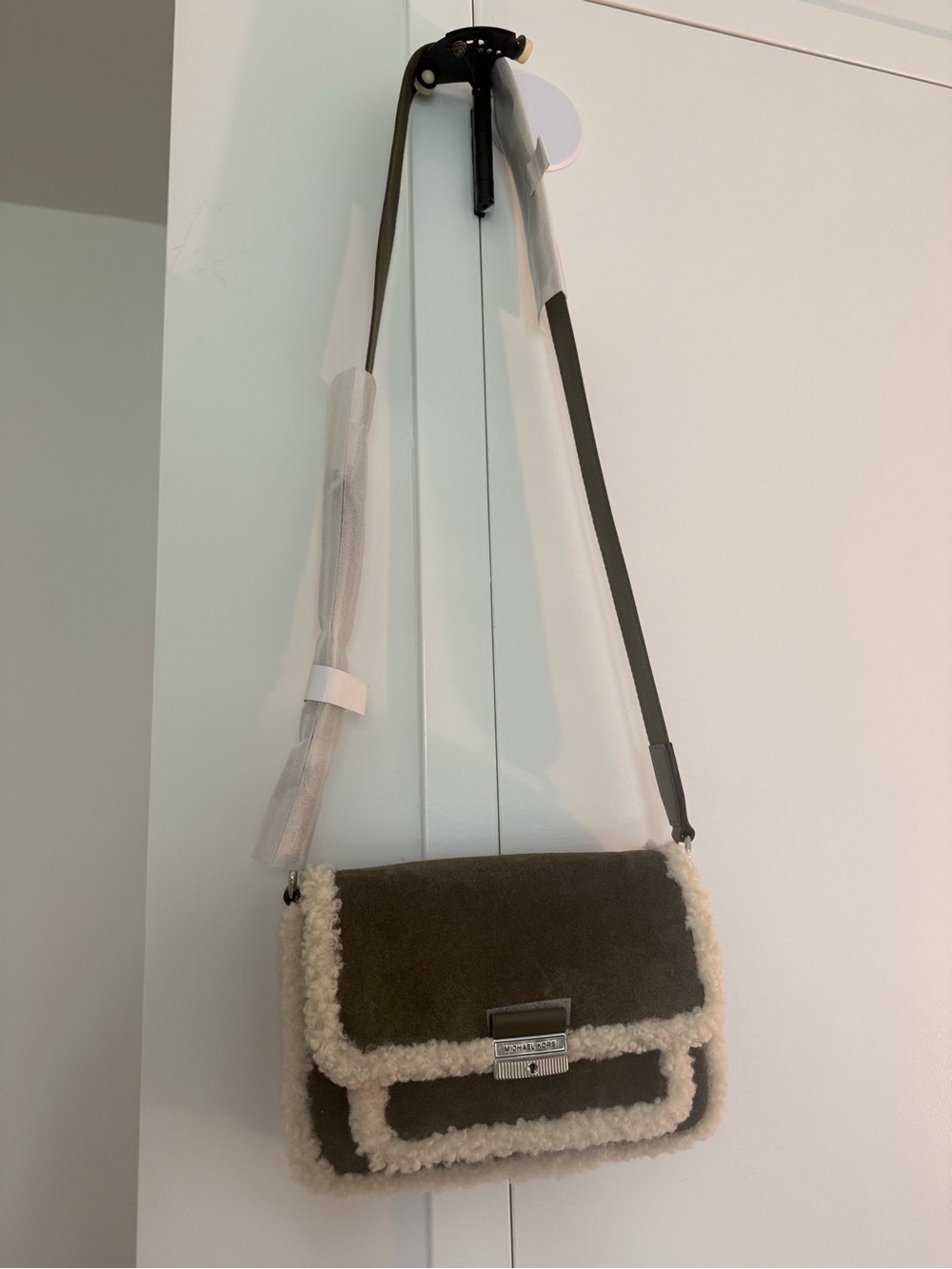 MICHAEL Michael Kors Olive and Cream Shearling-Trim Crossbody Bag